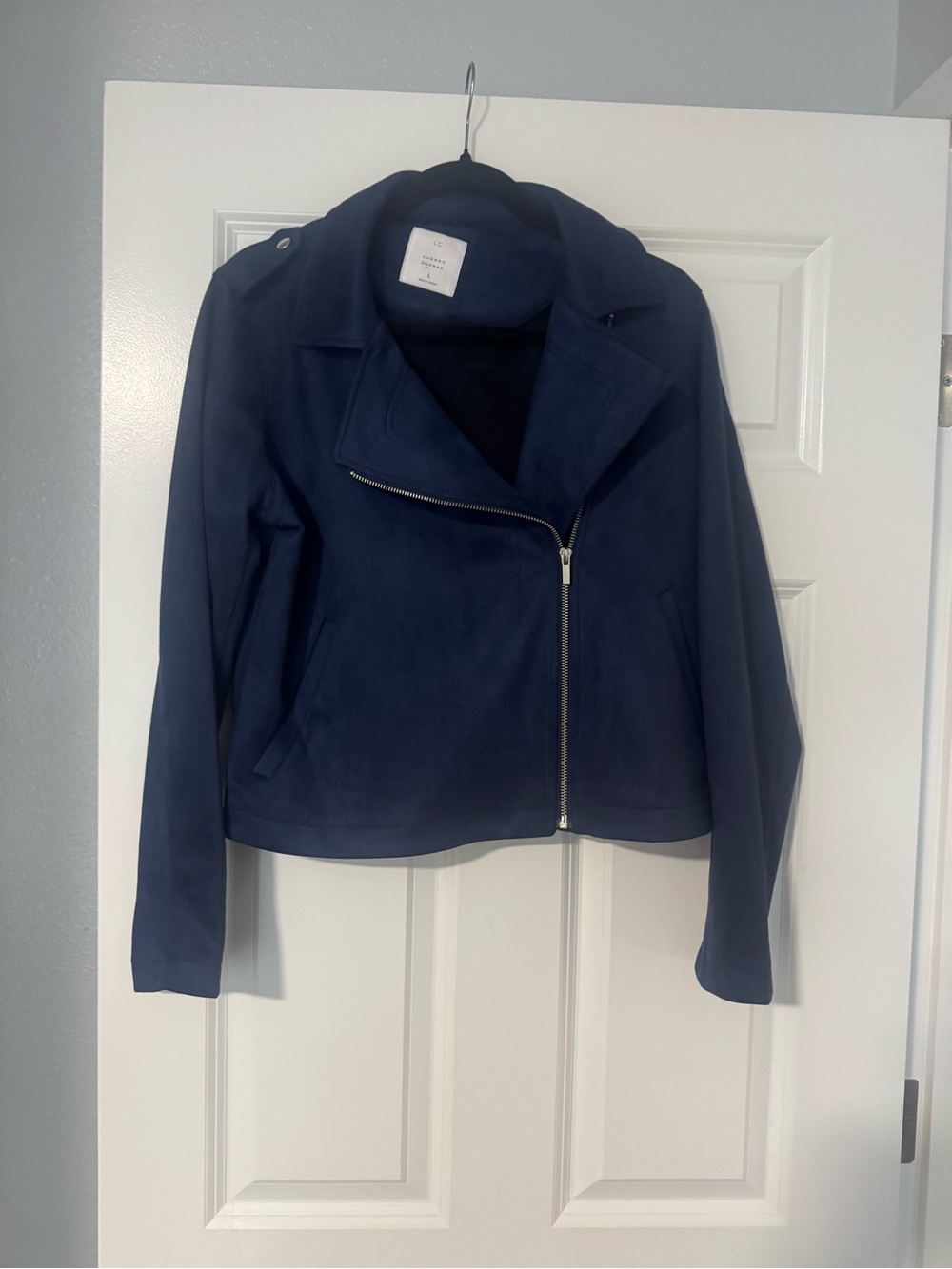 LC Lauren Conrad Navy Asymmetric Zip Faux Suede Jacket